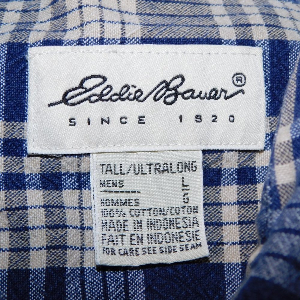 Eddie Bauer L Tall LT Ultralong Blue Cream Plaid Long Sleeve Button Front shirt - Picture 5 of 9